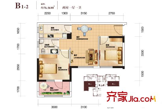 中國鐵建1818中心1棟B1-2戶型 2室1廳1衛(wèi)1廚