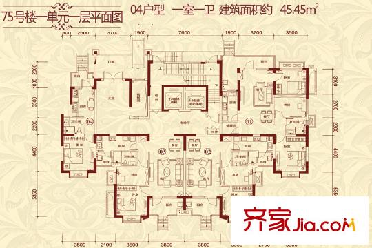 恒大名都75號樓1單元1層4號房戶型 1室1衛(wèi)1廚