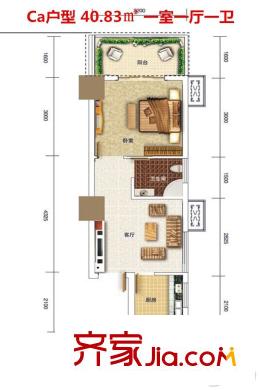 東港國際廣場1#Ca戶型  1室1廳1衛(wèi)
