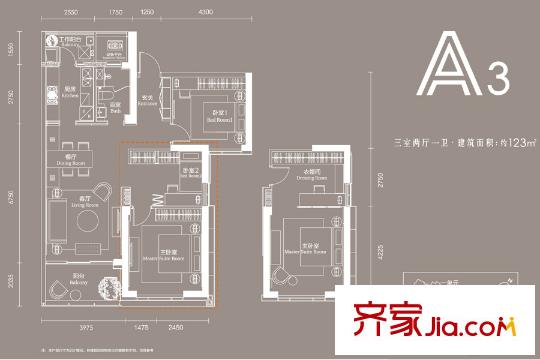 武漢天地盛薈A3戶型 3室2廳1衛(wèi)1廚