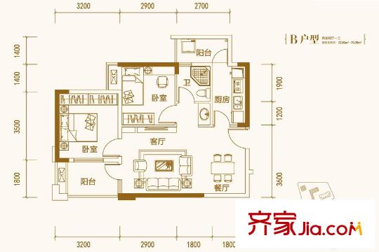 瑞云居2、3號(hào)樓B戶(hù)型 2室2廳1衛(wèi)1廚