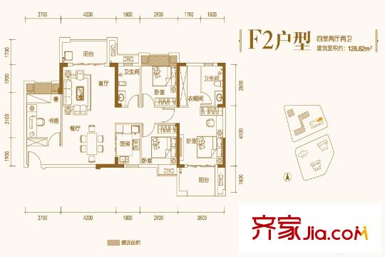 瑞云居4號(hào)樓F2戶型 4室2廳2衛(wèi)1廚