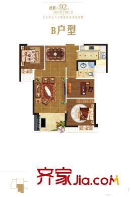 綠地悅瀾灣1號樓B戶型 3室2廳1衛(wèi)1廚