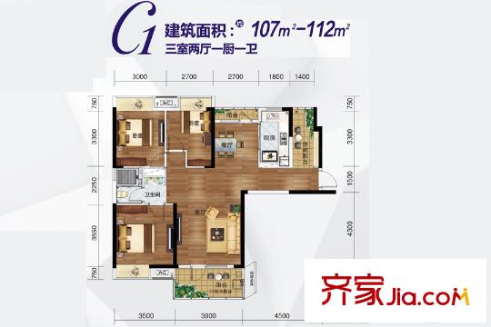 當(dāng)代國際城一期19、22、25號(hào)樓C1戶型 3室2廳1衛(wèi)1廚
