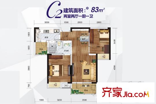 當(dāng)代國際城一期19、22、25號(hào)樓C2戶型 2室2廳1衛(wèi)1廚