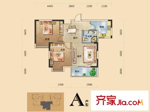 金鑫國際1期5號(hào)樓A戶型（售完） 2室2廳1衛(wèi)1廚