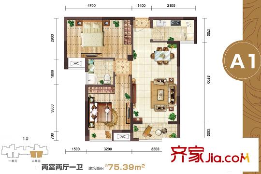 幸福灣k7地塊1號樓A1戶型 2室2廳1衛(wèi)1廚