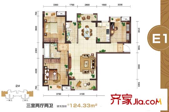 幸福灣k7地塊2號樓E1戶型 3室2廳2衛(wèi)1廚