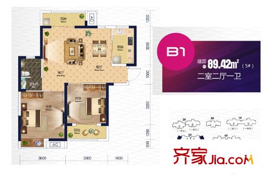 幸福灣k5地塊5號樓B1戶型 2室2廳1衛(wèi)1廚