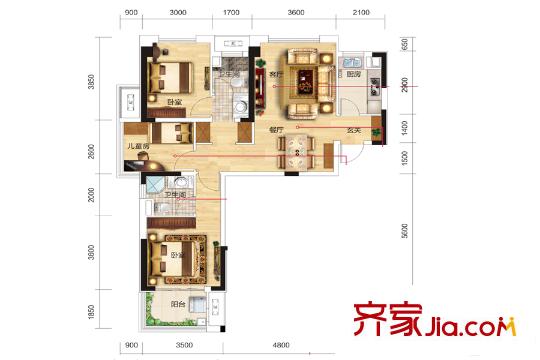 名流世家1、2號(hào)樓102平戶型 3室2廳2衛(wèi)1廚