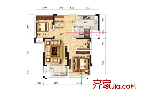 名流世家2號(hào)樓84平戶型 3室2廳1衛(wèi)1廚