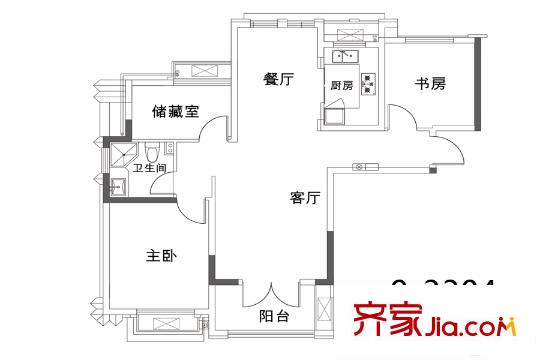 農(nóng)房上海公館9號(hào)樓3304房戶(hù)型 3室2廳1衛(wèi)1廚