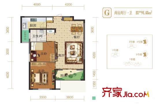 翰林紫園4、5號樓G戶型 2室2廳1衛(wèi)1廚