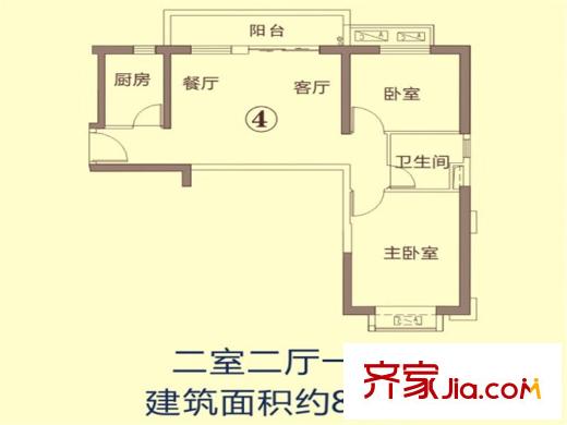 恒大御景灣4、6號(hào)樓4號(hào)房戶型 2室2廳1衛(wèi)1廚