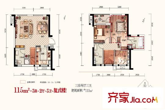 新世界夢湖香郡50、51、52號樓115平米復(fù)式戶型 3室2廳3衛(wèi)1廚