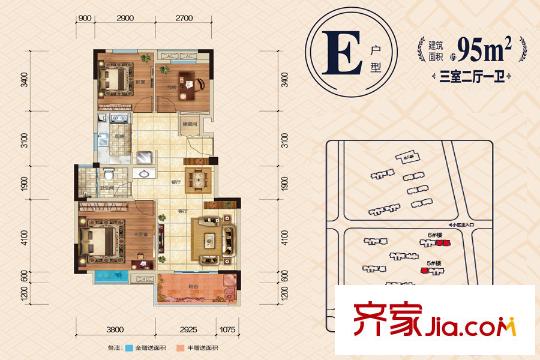 联投汉口郡二期4,5,6号楼e户型 3室2厅1卫1厨