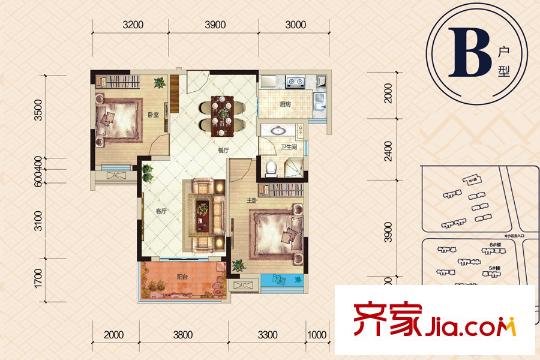 聯(lián)投漢口郡二期4號樓B戶型 2室2廳1衛(wèi)1廚