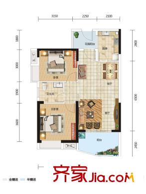 武漢國(guó)博新城5、6、7號(hào)樓B2戶型 2室2廳1衛(wèi)1廚