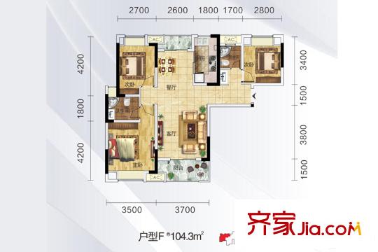 朗詩(shī)里程20號(hào)樓F戶(hù)型 3室2廳2衛(wèi)1廚