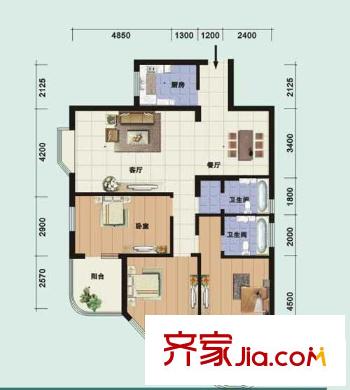 御景名門戶型圖一期3B戶型 3室2廳2衛(wèi)