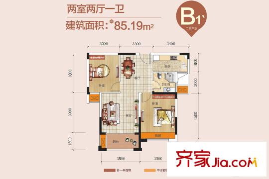 寶業(yè)光谷麗都二期2、3、4、8號樓B1'戶型 2室2廳1衛(wèi)1廚