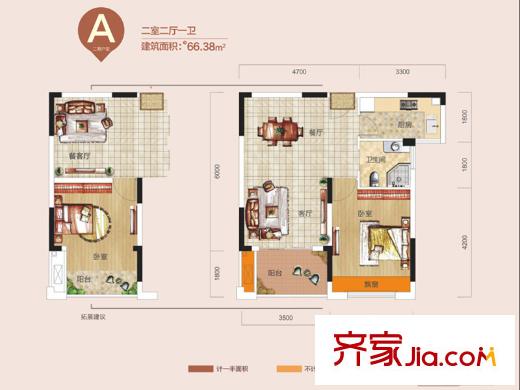寶業(yè)光谷麗都二期1號樓A戶型 2室2廳1衛(wèi)1廚