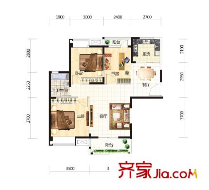 中國(guó)鐵建國(guó)際城3、4、9、15、16號(hào)樓A1戶型 3室2廳1衛(wèi)1廚