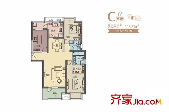 世茂錦繡長(zhǎng)江五期6號(hào)樓C戶型 3室2廳2衛(wèi)1廚