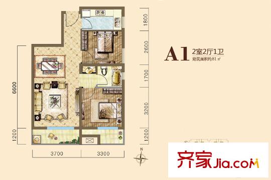 漢北璽園1號(hào)樓A1戶型 2室2廳1衛(wèi)1廚