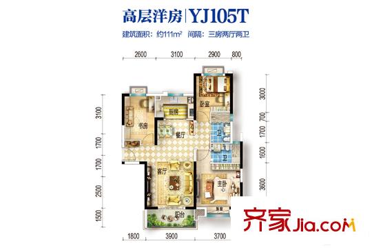碧桂園生態(tài)城左岸2、6、7、8、12號(hào)樓YJ105T111平 3室2廳2衛(wèi)1廚