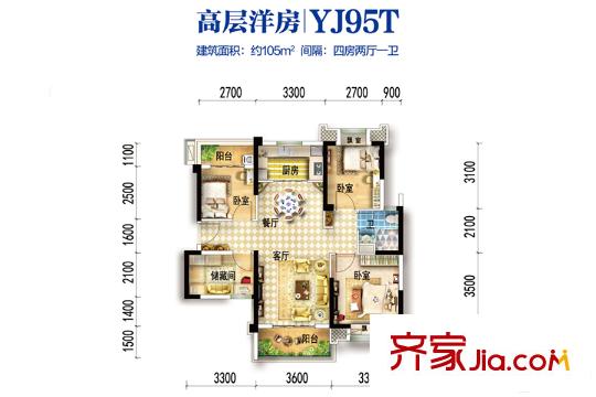 碧桂園生態(tài)城左岸1、13、15、16號(hào)樓YJ95T105平 4室2廳1衛(wèi)1廚