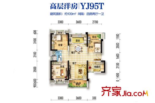 碧桂園生態(tài)城左岸1、13、15、16號(hào)樓YJ95T109平 4室2廳1衛(wèi)1廚