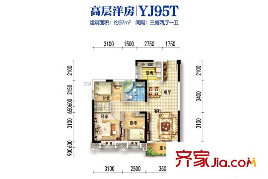 碧桂園生態(tài)城左岸1、13、15、16號(hào)樓YJ95T97平 3室2廳1衛(wèi)1廚