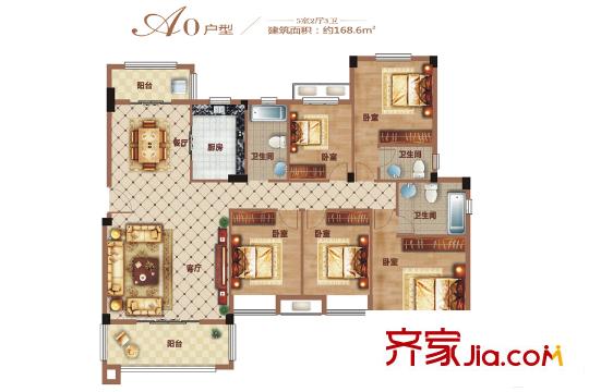 恒達盤龍灣荷苑1號樓A0戶型 5室2廳3衛(wèi)1廚