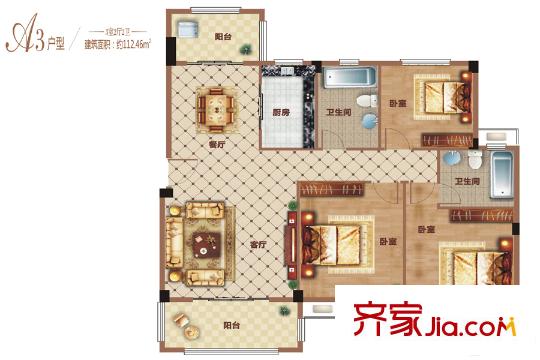 恒達盤龍灣荷苑2-7號樓A3戶型 3室2廳2衛(wèi)1廚