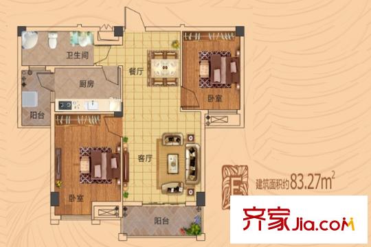 武湖尚公館3號(hào)樓E戶型 2室2廳1衛(wèi)1廚