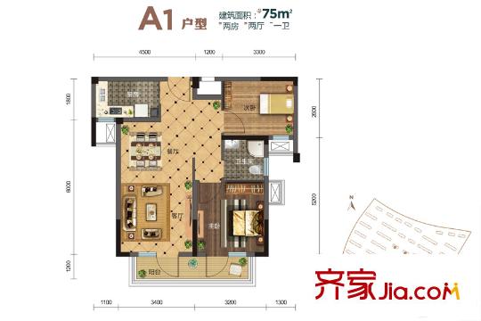 億達(dá)云山湖14-19號樓A1戶型 2室2廳1衛(wèi)1廚