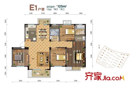 億達(dá)云山湖3、5、7、9、11-13棟E1戶型 4室2廳2衛(wèi)1廚