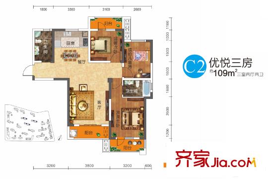 國創(chuàng)光谷上城2期6-8號樓C2戶型 3室2廳2衛(wèi)1廚