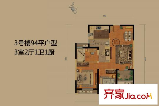 萬(wàn)科錦程3號(hào)樓94平戶型 3室2廳1衛(wèi)1廚