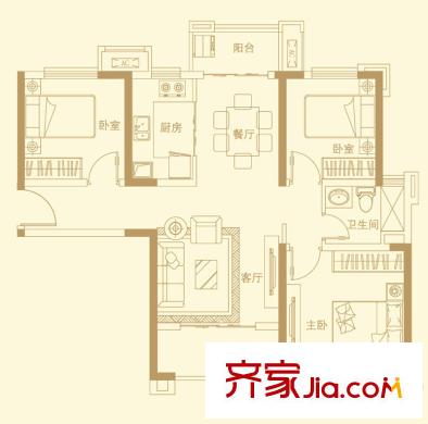 武汉万锦江城户型图b1户型 3室2厅1卫1厨