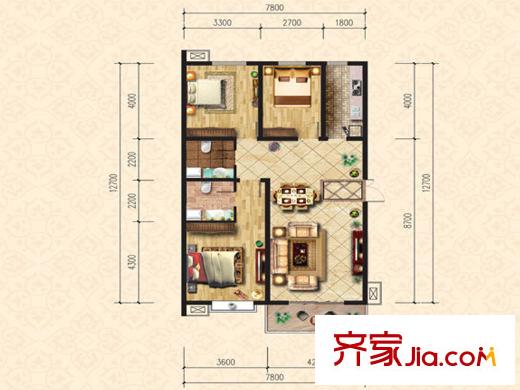 小馬花園戶型圖B戶型 3室2廳2衛(wèi)1廚