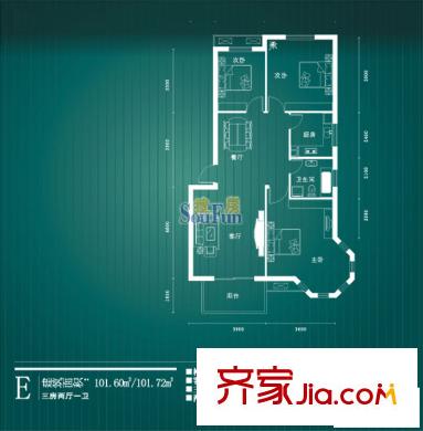 東方萊茵戶型圖E戶型 3室2廳