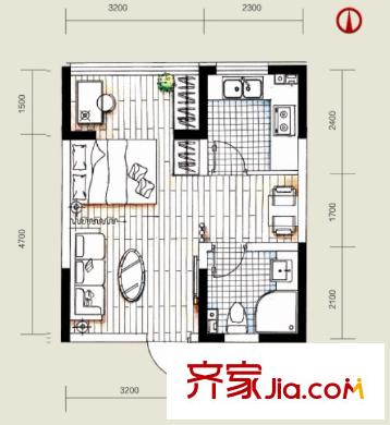 荷唐月舍戶型圖4#樓1單元01戶型 1室1廳1衛(wèi)