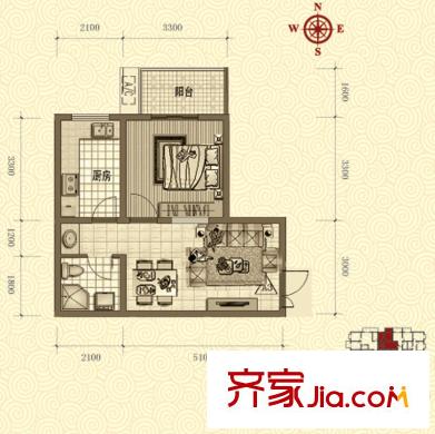 鴻瑞佳園戶型圖A3戶型 1室2廳1衛(wèi)1廚