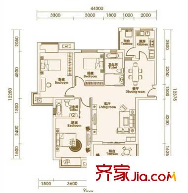 新地盛世東方戶型圖二期B1戶型 3室2廳2衛(wèi)1廚