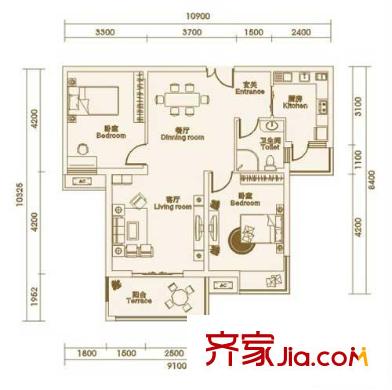 新地盛世東方戶型圖二期A3戶型 2室2廳1衛(wèi)1廚