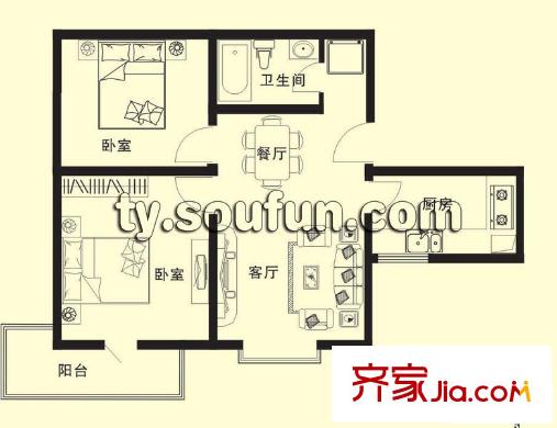 彩虹灣戶(hù)型圖戶(hù)型 2室2廳1衛(wèi)1廚