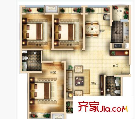 金地格林小城萊茵戶型圖3室2廳 戶型圖 3室2廳