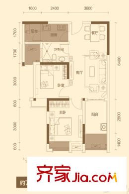 保利公園九里12B、15、16、17、18#樓3-H戶型 2室2廳1衛(wèi)1廚